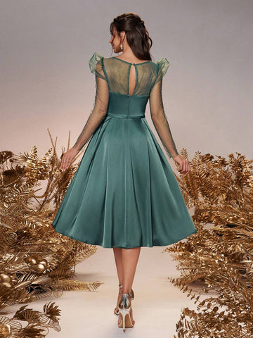 Women's Elegant Romantic Evergreen Mesh Diamond Stitching Satin 3/4 Long Sleeve Sheer Wedding Event Bridesmaid Dresses