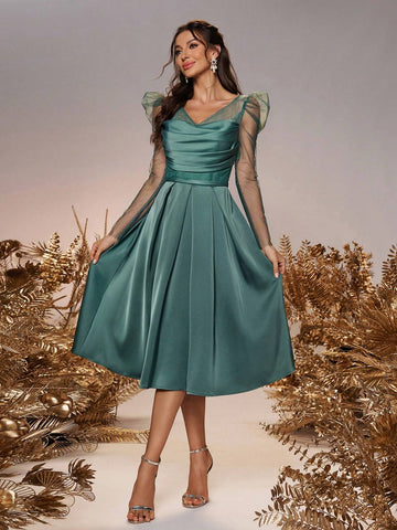 Women's Elegant Romantic Evergreen Mesh Diamond Stitching Satin 3/4 Long Sleeve Sheer Wedding Event Bridesmaid Dresses