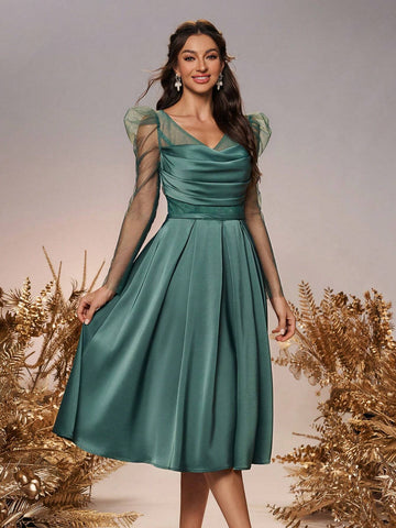 Women's Elegant Romantic Evergreen Mesh Diamond Stitching Satin 3/4 Long Sleeve Sheer Wedding Event Bridesmaid Dresses
