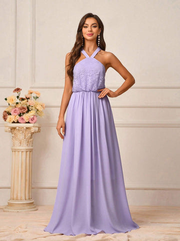 Women's Elegant Romantic Lavender Lace Fabric Splicing Chiffon Fabric Halter Neck Loose Beautiful Back Hook And Unbutton A-Line Bridesmaid Dress