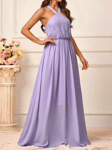 Women's Elegant Romantic Lavender Lace Fabric Splicing Chiffon Fabric Halter Neck Loose Beautiful Back Hook And Unbutton A-Line Bridesmaid Dress