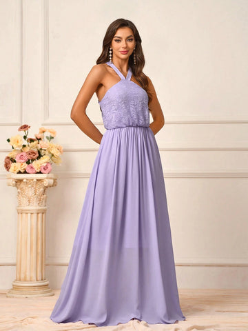 Women's Elegant Romantic Lavender Lace Fabric Splicing Chiffon Fabric Halter Neck Loose Beautiful Back Hook And Unbutton A-Line Bridesmaid Dress