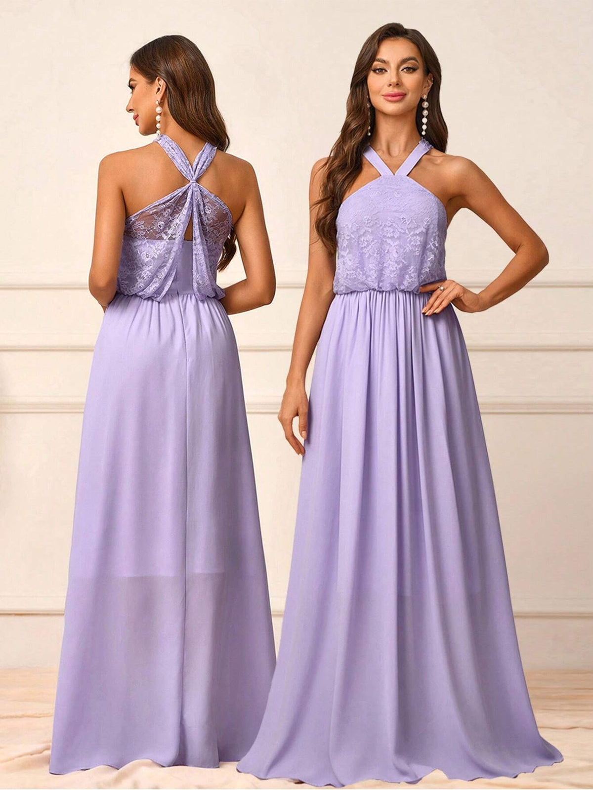 Women's Elegant Romantic Lavender Lace Fabric Splicing Chiffon Fabric Halter Neck Loose Beautiful Back Hook And Unbutton A-Line Bridesmaid Dress