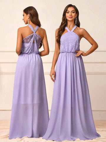 Women's Elegant Romantic Lavender Lace Fabric Splicing Chiffon Fabric Halter Neck Loose Beautiful Back Hook And Unbutton A-Line Bridesmaid Dress