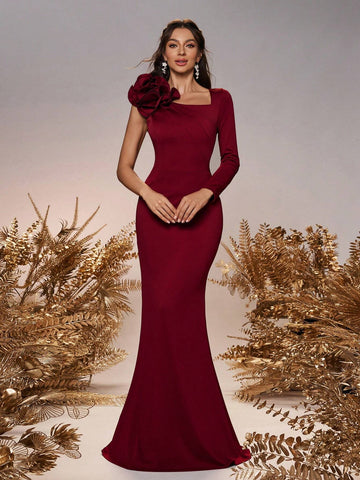 Women's Elegant Romantic Red Square Neck Shoulder Ruffle Asymmetric Sleeves Mermaid Hem Wedding Bridesmaid Dresses