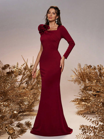 Women's Elegant Romantic Red Square Neck Shoulder Ruffle Asymmetric Sleeves Mermaid Hem Wedding Bridesmaid Dresses