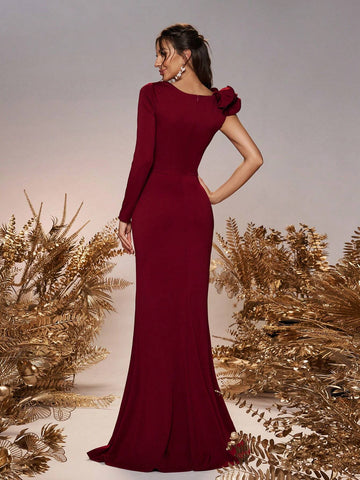 Women's Elegant Romantic Red Square Neck Shoulder Ruffle Asymmetric Sleeves Mermaid Hem Wedding Bridesmaid Dresses