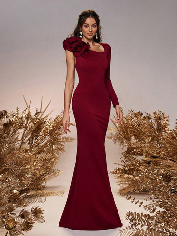 Women's Elegant Romantic Red Square Neck Shoulder Ruffle Asymmetric Sleeves Mermaid Hem Wedding Bridesmaid Dresses