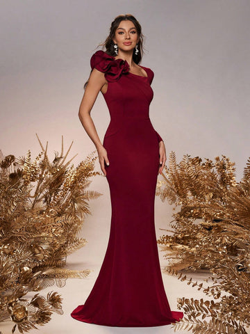 Women's Elegant Romantic Red Square Neck Shoulder Ruffle Asymmetric Sleeves Mermaid Hem Wedding Bridesmaid Dresses