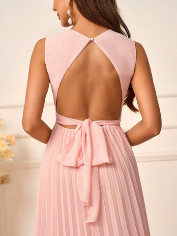 Women's Elegant Romantic Shrimp Pink Chiffon Fabric Round Neck Vest  A Hem Pressed Pleat Suitable For Wedding Events Back To School Season Music Festival Date Sister Dress Formal Bridesmaid Dress