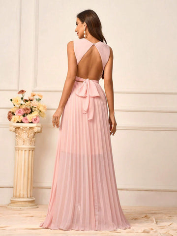 Women's Elegant Romantic Shrimp Pink Chiffon Fabric Round Neck Vest  A Hem Pressed Pleat Suitable For Wedding Events Back To School Season Music Festival Date Sister Dress Formal Bridesmaid Dress