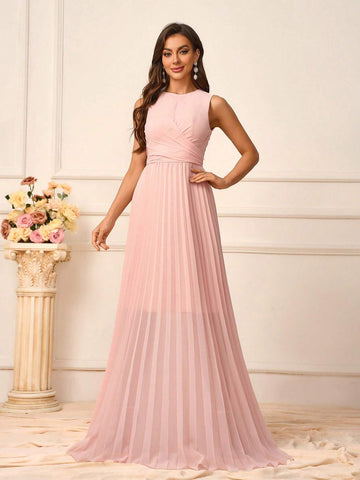 Women's Elegant Romantic Shrimp Pink Chiffon Fabric Round Neck Vest  A Hem Pressed Pleat Suitable For Wedding Events Back To School Season Music Festival Date Sister Dress Formal Bridesmaid Dress