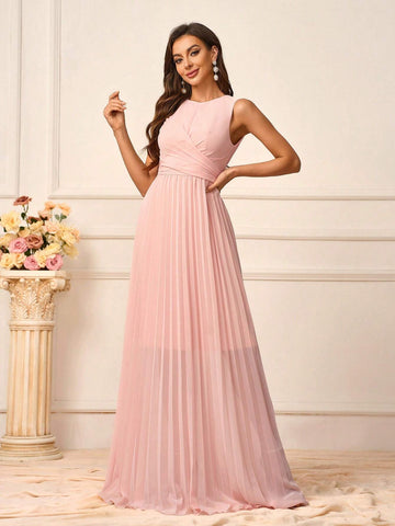 Women's Elegant Romantic Shrimp Pink Chiffon Fabric Round Neck Vest  A Hem Pressed Pleat Suitable For Wedding Events Back To School Season Music Festival Date Sister Dress Formal Bridesmaid Dress