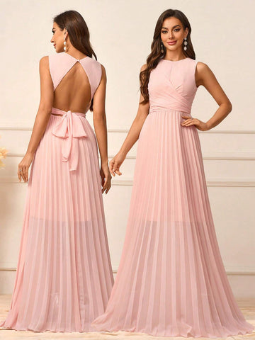 Women's Elegant Romantic Shrimp Pink Chiffon Fabric Round Neck Vest  A Hem Pressed Pleat Suitable For Wedding Events Back To School Season Music Festival Date Sister Dress Formal Bridesmaid Dress