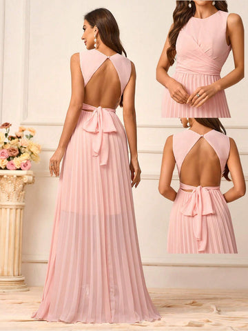 Women's Elegant Romantic Shrimp Pink Chiffon Fabric Round Neck Vest  A Hem Pressed Pleat Suitable For Wedding Events Back To School Season Music Festival Date Sister Dress Formal Bridesmaid Dress