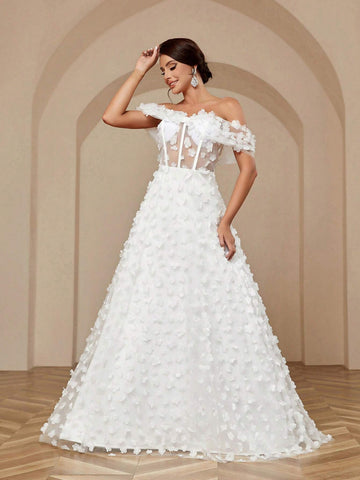 Women's Elegant Romantic Wedding Dress With Applique Bowknot Three-Dimensional Flower Color Collision Design Puffy Skirt And Off Shoulder Neckline