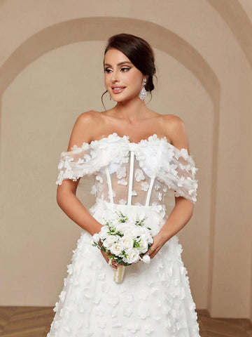 Women's Elegant Romantic Wedding Dress With Applique Bowknot Three-Dimensional Flower Color Collision Design Puffy Skirt And Off Shoulder Neckline