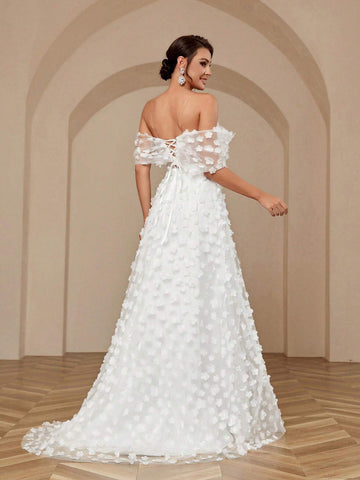 Women's Elegant Romantic Wedding Dress With Applique Bowknot Three-Dimensional Flower Color Collision Design Puffy Skirt And Off Shoulder Neckline