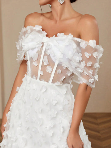 Women's Elegant Romantic Wedding Dress With Applique Bowknot Three-Dimensional Flower Color Collision Design Puffy Skirt And Off Shoulder Neckline