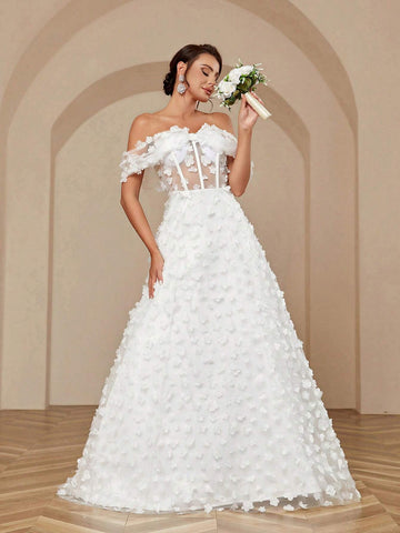 Women's Elegant Romantic Wedding Dress With Applique Bowknot Three-Dimensional Flower Color Collision Design Puffy Skirt And Off Shoulder Neckline