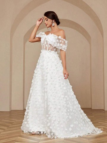 Women's Elegant Romantic Wedding Dress With Applique Bowknot Three-Dimensional Flower Color Collision Design Puffy Skirt And Off Shoulder Neckline