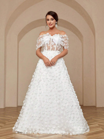 Women's Elegant Romantic Wedding Dress With Applique Bowknot Three-Dimensional Flower Color Collision Design Puffy Skirt And Off Shoulder Neckline
