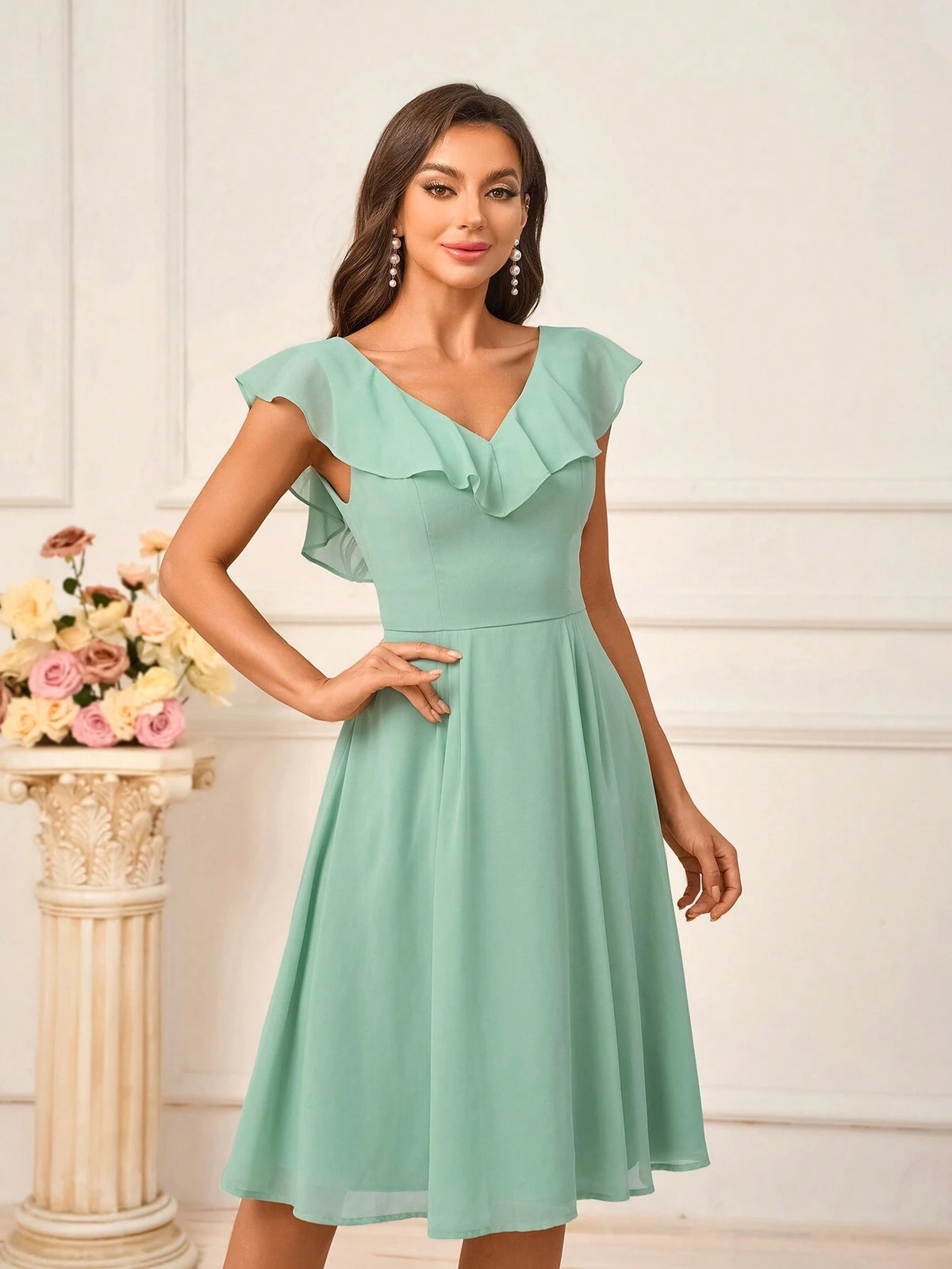 Women's Elegant Sage Green Chiffon Fabric Deep V-Neckline Plus Chest Cotton Ruffle Collar Ruffle Cuff Hem Pleated A-Line Skirt For Wedding, Mother's Day, Graduation, Sisters' Matching Outfits, Music Festivals. Available Sizes For Bridesmaid Dresses.