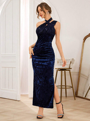 Women's Elegant Sequin Velvet Asymmetric Collar Fitted Party Dress
