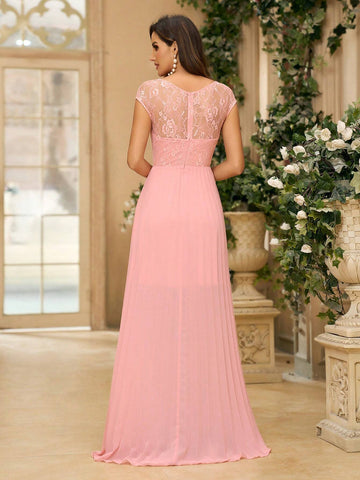 Women's Elegant Shrimp Pink Mesh Embroidery Lace Frill Panel Splice Chiffon Fabric Strapless With Sheer Sleeves Peplum Hem & Sun Pleats Suitable For Formal During Wedding Season Graduation Music Festival Mother's Day Formal Bridesmaid Dress