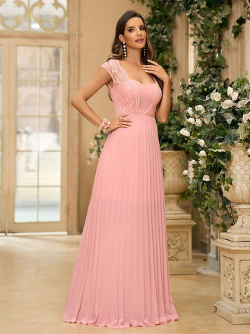 Women's Elegant Shrimp Pink Mesh Embroidery Lace Frill Panel Splice Chiffon Fabric Strapless With Sheer Sleeves Peplum Hem & Sun Pleats Suitable For Formal During Wedding Season Graduation Music Festival Mother's Day Formal Bridesmaid Dress