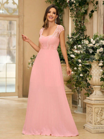 Women's Elegant Shrimp Pink Mesh Embroidery Lace Frill Panel Splice Chiffon Fabric Strapless With Sheer Sleeves Peplum Hem & Sun Pleats Suitable For Formal During Wedding Season Graduation Music Festival Mother's Day Formal Bridesmaid Dress