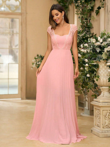 Women's Elegant Shrimp Pink Mesh Embroidery Lace Frill Panel Splice Chiffon Fabric Strapless With Sheer Sleeves Peplum Hem & Sun Pleats Suitable For Formal During Wedding Season Graduation Music Festival Mother's Day Formal Bridesmaid Dress