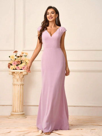 Women's Elegant Soft Skin-Friendly Woven Fabric Deep V-Neck Short Sleeve Cross Back Strap Dress With Mushroom Button Adjustment And Flared Hem, Suitable For Wedding Season, Mother's Day, Formal Events. Available In Bridesmaid Dress Standard Sizes.