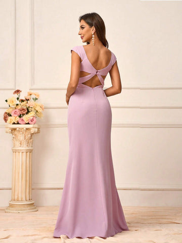 Women's Elegant Soft Skin-Friendly Woven Fabric Deep V-Neck Short Sleeve Cross Back Strap Dress With Mushroom Button Adjustment And Flared Hem, Suitable For Wedding Season, Mother's Day, Formal Events. Available In Bridesmaid Dress Standard Sizes.