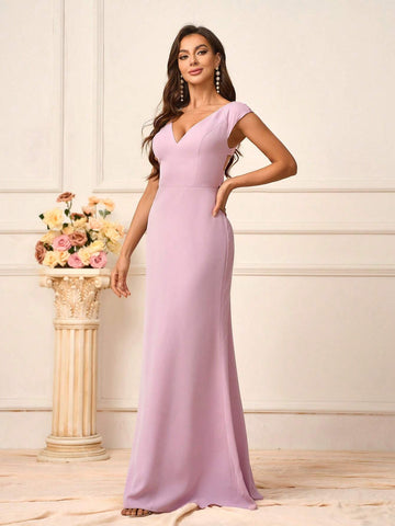 Women's Elegant Soft Skin-Friendly Woven Fabric Deep V-Neck Short Sleeve Cross Back Strap Dress With Mushroom Button Adjustment And Flared Hem, Suitable For Wedding Season, Mother's Day, Formal Events. Available In Bridesmaid Dress Standard Sizes.