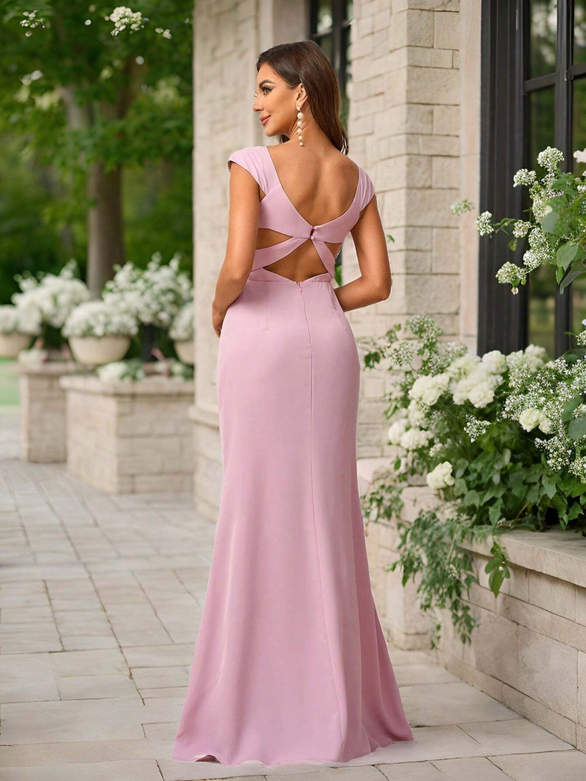 Women's Elegant Soft Skin-Friendly Woven Fabric Deep V-Neck Short Sleeve Cross Back Strap Dress With Mushroom Button Adjustment And Flared Hem, Suitable For Wedding Season, Mother's Day, Formal Events. Available In Bridesmaid Dress Standard Sizes.