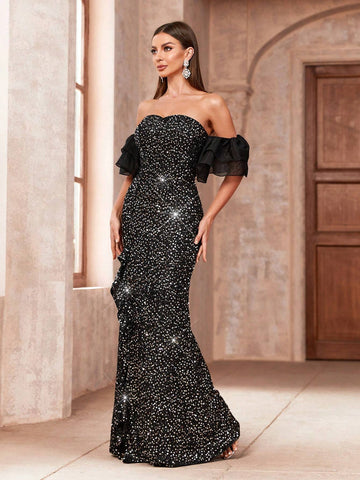 Women's Elegant Sparkly High-Slit Evening Formal Dress