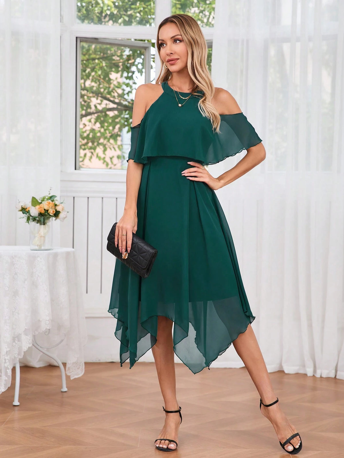 Women's Elegant Summer Open Shoulder Asymmetrical Hem Dress