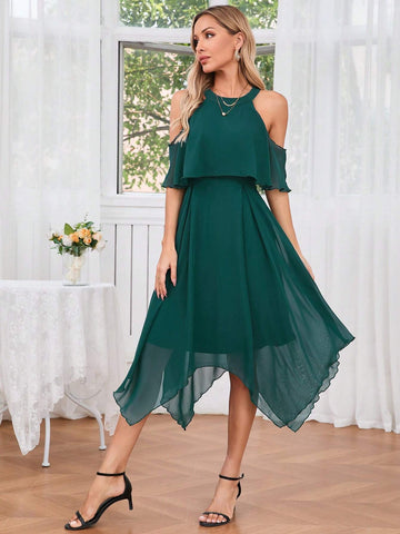 Women's Elegant Summer Open Shoulder Asymmetrical Hem Dress