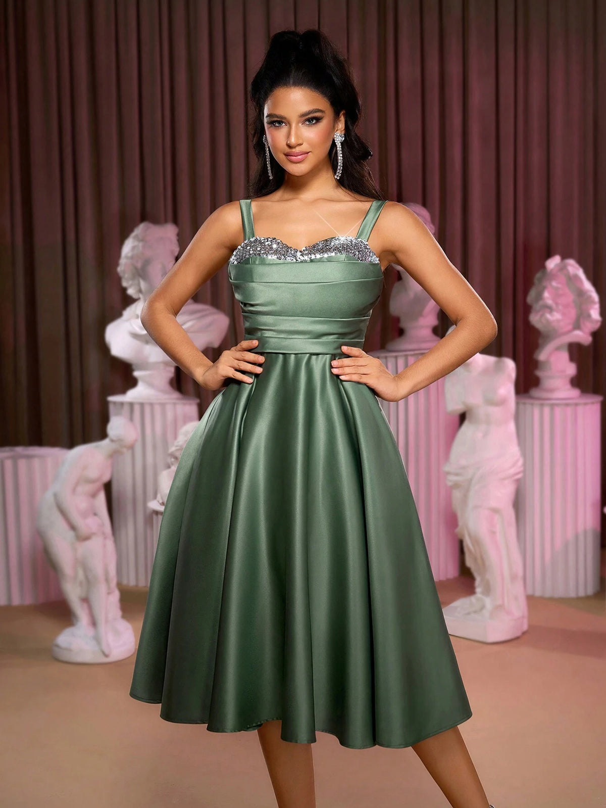 Women's Elegant & Luxurious Gray-Green Satin Fabric Dress With Sparkling Shoulder Straps, Pleated Bodice, Ruffled A-Line Midi Skirt, Butterfly Tie Back, Suitable For Formal Occasions, Parties, Homecoming, Halloween, Prom