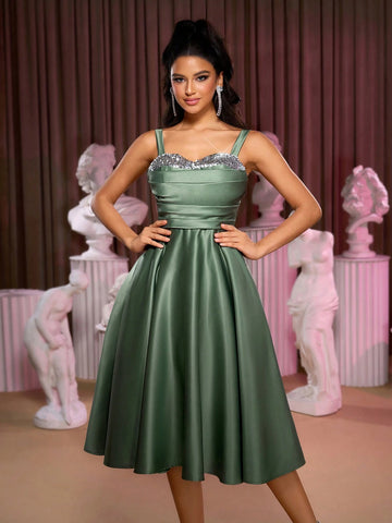 Women's Elegant & Luxurious Gray-Green Satin Fabric Dress With Sparkling Shoulder Straps, Pleated Bodice, Ruffled A-Line Midi Skirt, Butterfly Tie Back, Suitable For Formal Occasions, Parties, Homecoming, Halloween, Prom