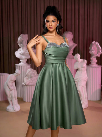 Women's Elegant & Luxurious Gray-Green Satin Fabric Dress With Sparkling Shoulder Straps, Pleated Bodice, Ruffled A-Line Midi Skirt, Butterfly Tie Back, Suitable For Formal Occasions, Parties, Homecoming, Halloween, Prom