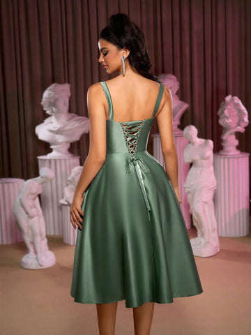 Women's Elegant & Luxurious Gray-Green Satin Fabric Dress With Sparkling Shoulder Straps, Pleated Bodice, Ruffled A-Line Midi Skirt, Butterfly Tie Back, Suitable For Formal Occasions, Parties, Homecoming, Halloween, Prom