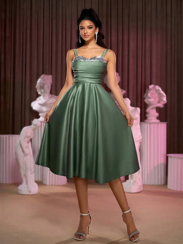 Women's Elegant & Luxurious Gray-Green Satin Fabric Dress With Sparkling Shoulder Straps, Pleated Bodice, Ruffled A-Line Midi Skirt, Butterfly Tie Back, Suitable For Formal Occasions, Parties, Homecoming, Halloween, Prom