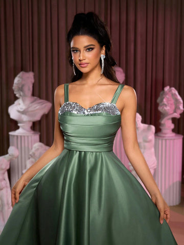 Women's Elegant & Luxurious Gray-Green Satin Fabric Dress With Sparkling Shoulder Straps, Pleated Bodice, Ruffled A-Line Midi Skirt, Butterfly Tie Back, Suitable For Formal Occasions, Parties, Homecoming, Halloween, Prom