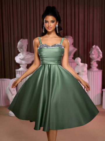 Women's Elegant & Luxurious Gray-Green Satin Fabric Dress With Sparkling Shoulder Straps, Pleated Bodice, Ruffled A-Line Midi Skirt, Butterfly Tie Back, Suitable For Formal Occasions, Parties, Homecoming, Halloween, Prom