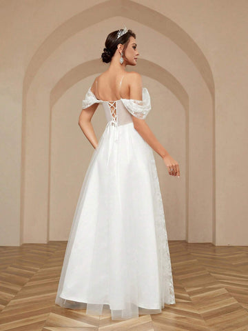 Women's Elegant & Romantic Off-Shoulder One-Shoulder Exquisite Embroidered Fabric Tie-Back Floral Applique Ball Gown Wedding Dress