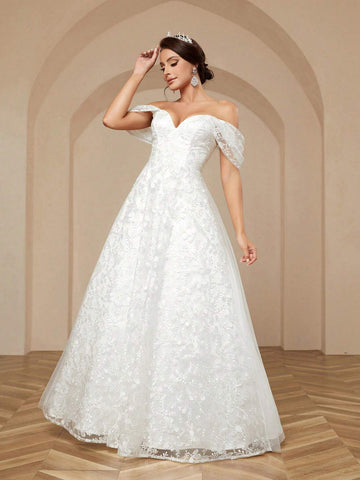 Women's Elegant & Romantic Off-Shoulder One-Shoulder Exquisite Embroidered Fabric Tie-Back Floral Applique Ball Gown Wedding Dress