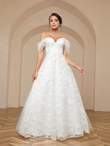 Women's Elegant & Romantic Off-Shoulder One-Shoulder Exquisite Embroidered Fabric Tie-Back Floral Applique Ball Gown Wedding Dress