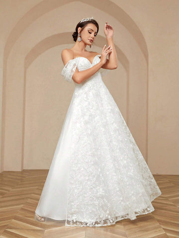 Women's Elegant & Romantic Off-Shoulder One-Shoulder Exquisite Embroidered Fabric Tie-Back Floral Applique Ball Gown Wedding Dress